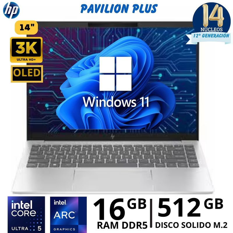 HP - Laptop HP Pavilion Plus 14-ew1000la Core Ultra I5 -125H, 14"3K, Ram 16Gb, SSD 512Gb, Windows 11