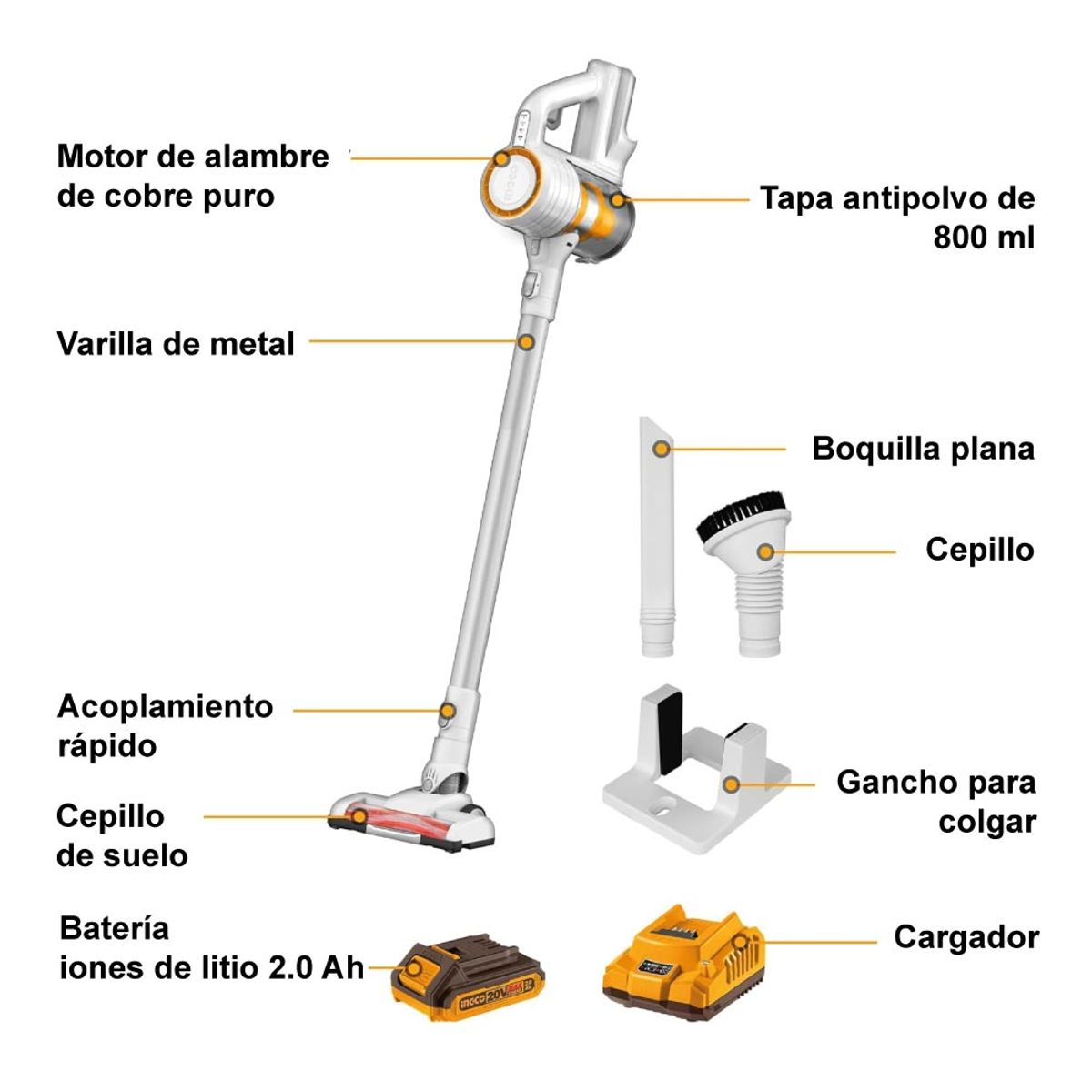 INGCO TOOLS - ASPIRADORA INALÁMBRICA INGCO 20V 1 BATERÍA 2.0AH CARGADOR CVLI20061