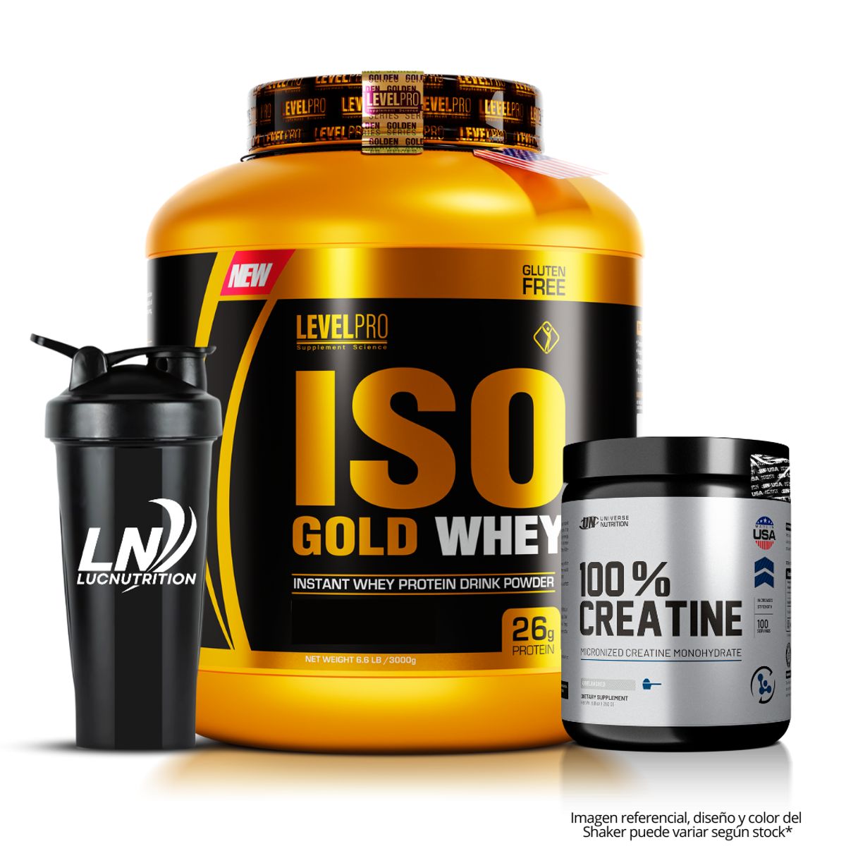 LEVEL PRO - Iso Gold Whey 3 kg Proteina Isolatada - Vainilla + Creatina Universe Nutrition 250 g + Shaker