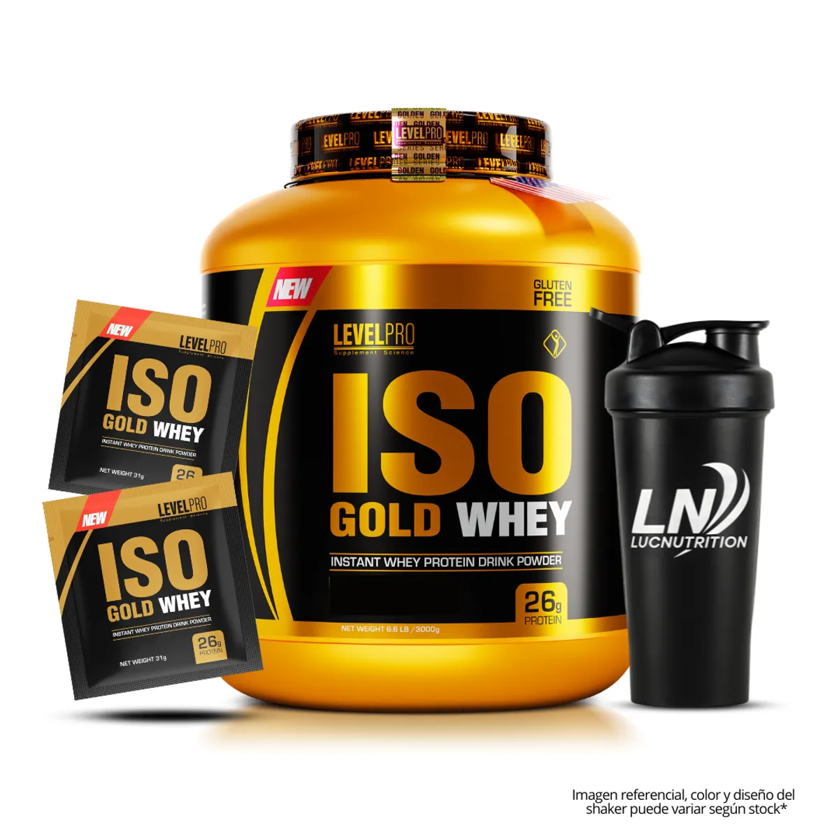 LEVEL PRO - Iso Gold Whey 3 kg Proteina Isolatada - vainilla + Shaker + 2 Sachet Iso Gold Whey