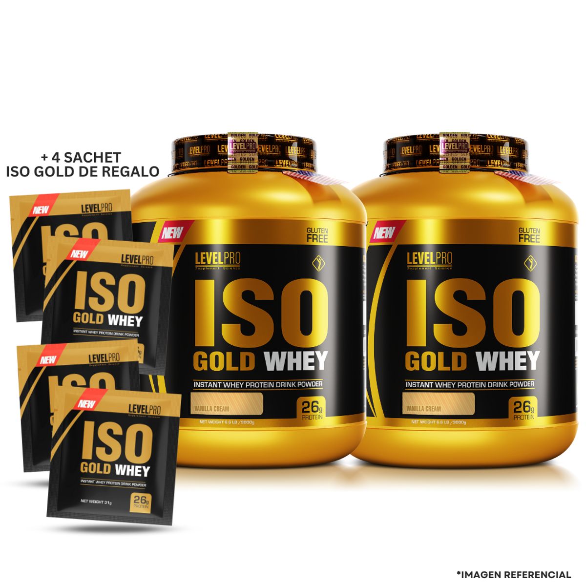 LEVEL PRO - PACK X 02 - Iso Gold Whey 3 kg Proteina Isolatada - vainilla + 4 sachet iso gold