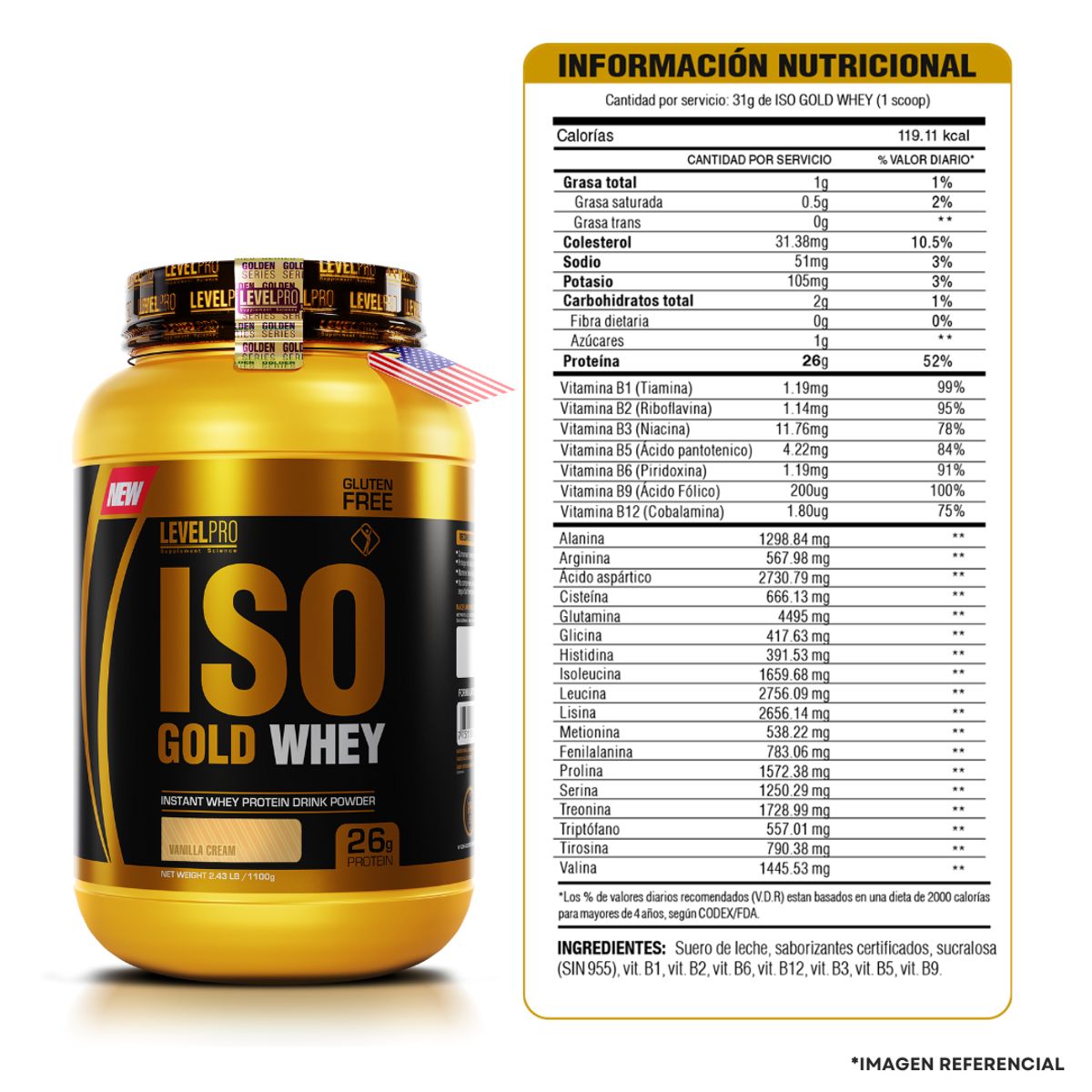 LEVEL PRO - PACK X 02 - Iso Gold Whey 3 kg Proteina Isolatada - vainilla + 4 sachet iso gold