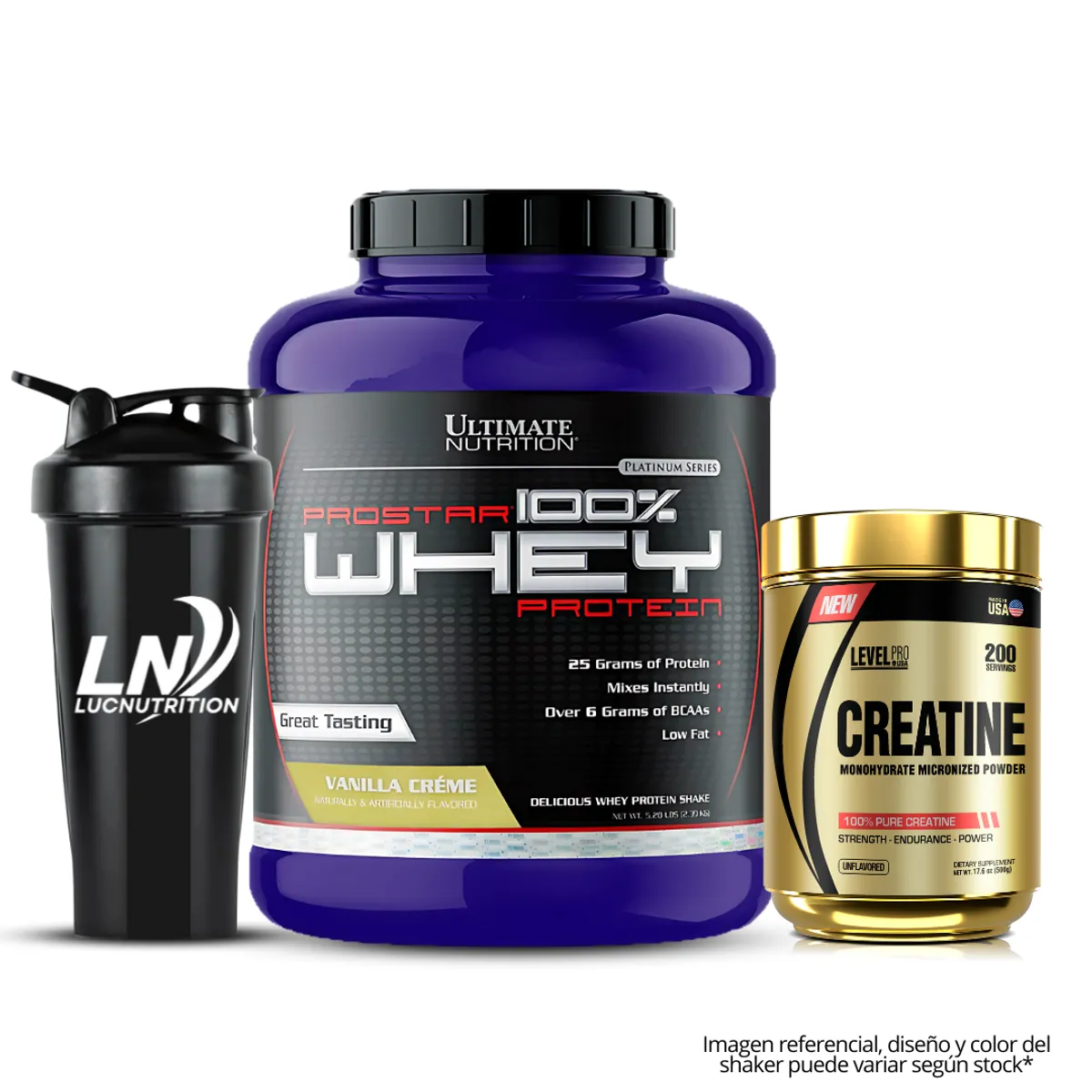 ULTIMATE NUTRITION - Prostar 100 % Whey 5LB Vainilla Crema + Creatina Level Pro 500 g Micronizada + shaker