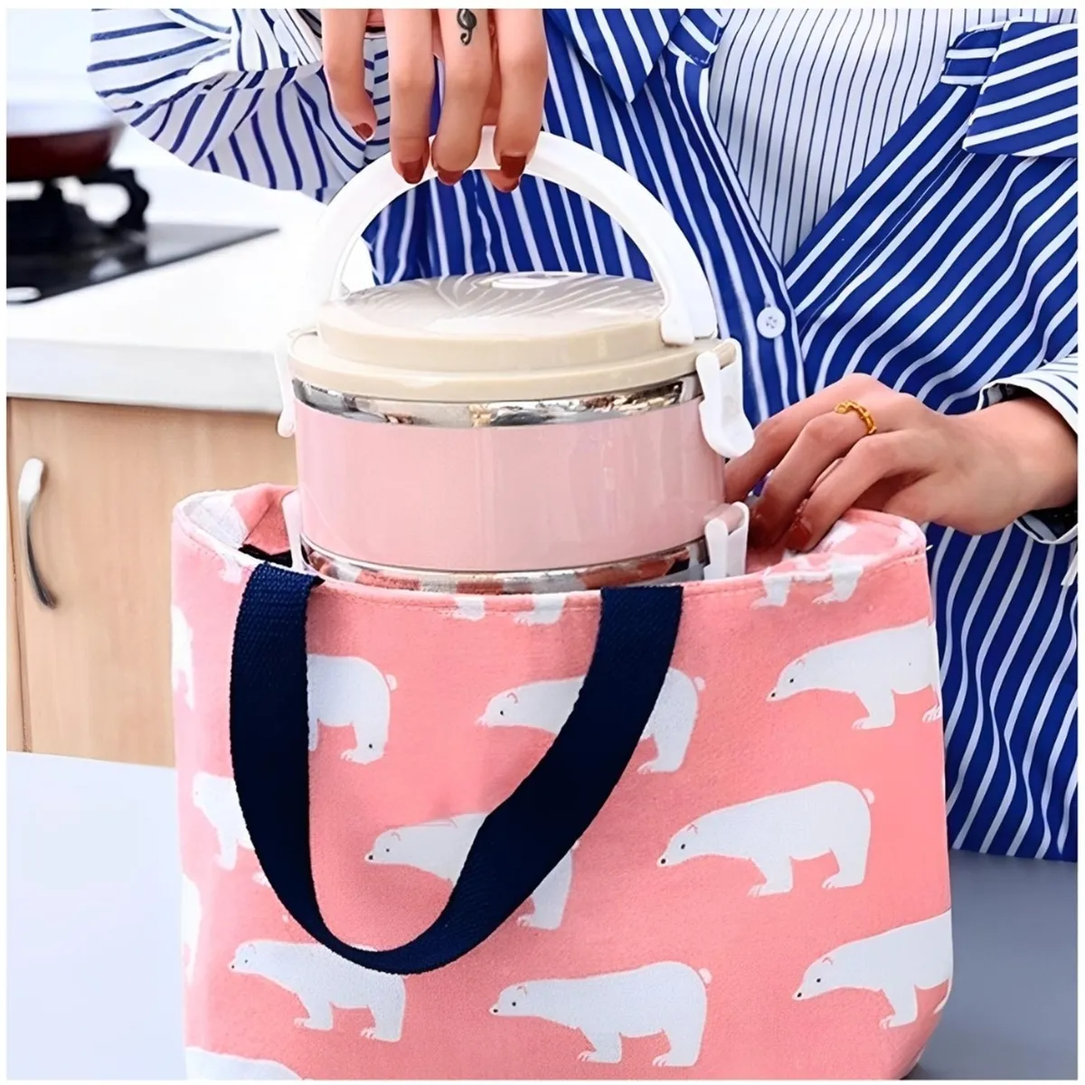 MINARI - Lonchera Térmica de Alimentos Bolso Impermeable Oso Rosa 17L