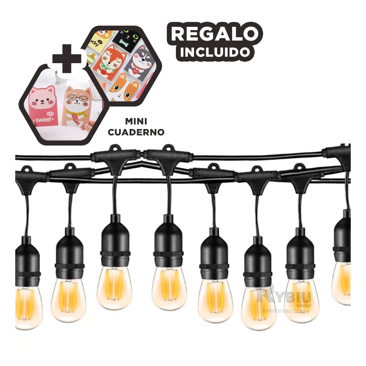 GENERICO - Iluminacion para 20 Focos Vintage en Negro Y+Gift MiniAgenda