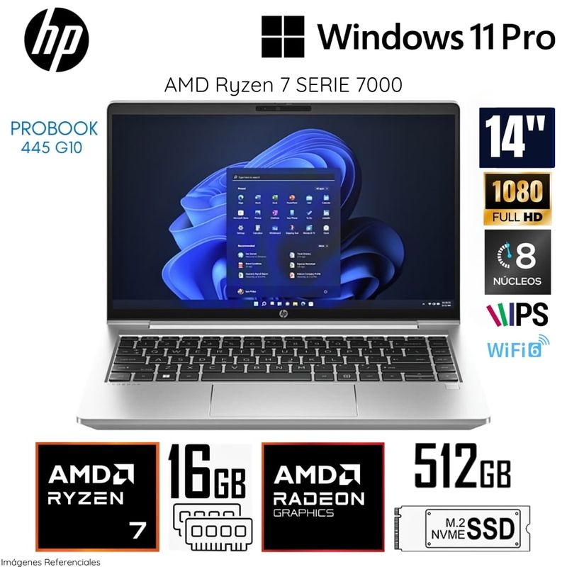 HP - Laptop HP Probook 445 G10 Ryzen 7-7730U 16GB RAM 512GB SSD 14" FHD  Windows 11 Pro - 9S640LA