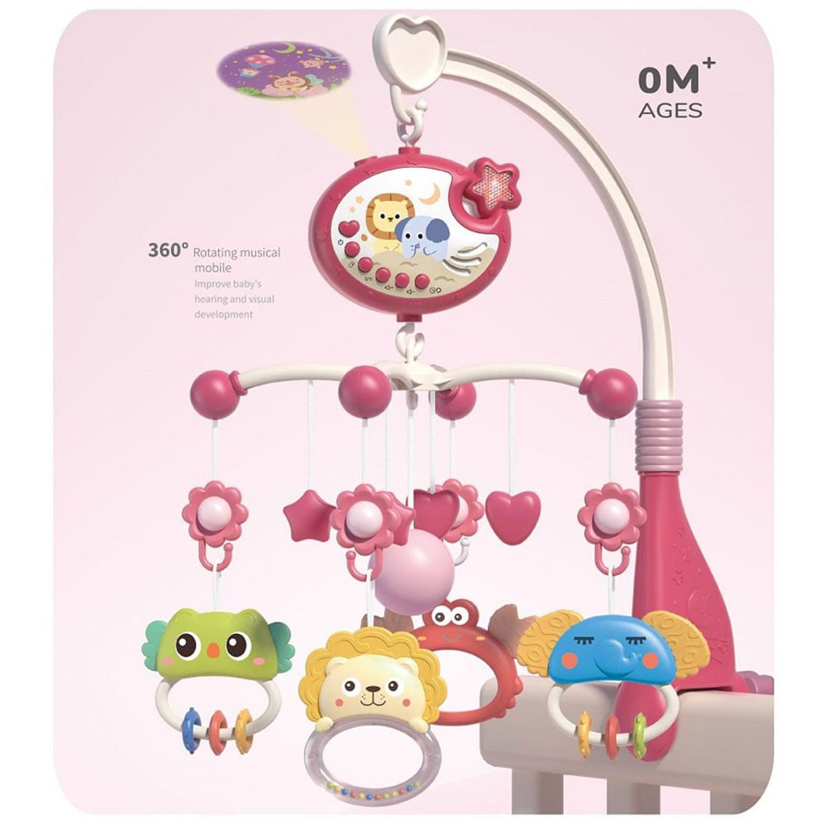 BENIE - Juguete Móvil Poryector Musical para Cuna Rosa