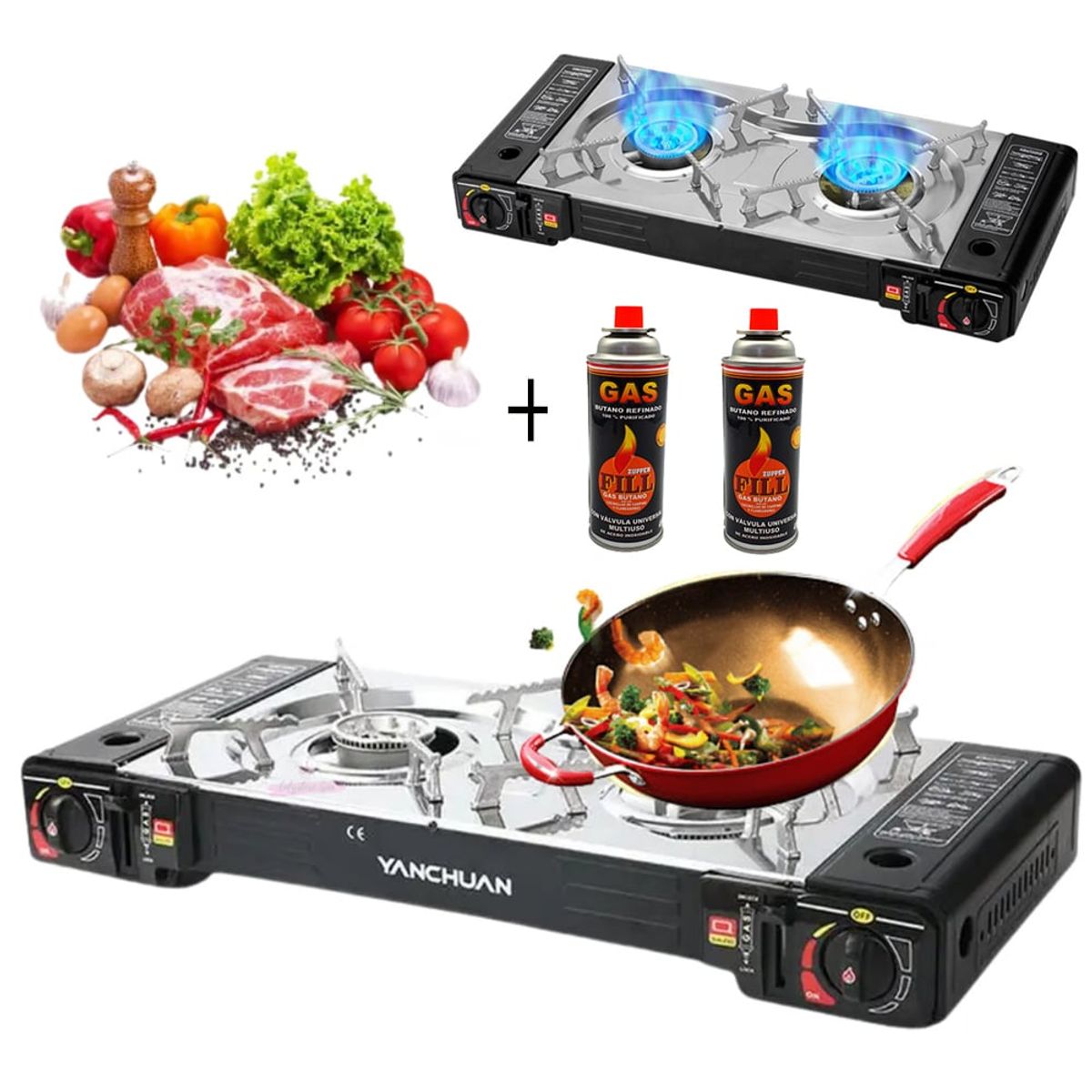 GENERICO - cocina a gas portatil 2 hornillas 2 en 1 picnic camping +GAS