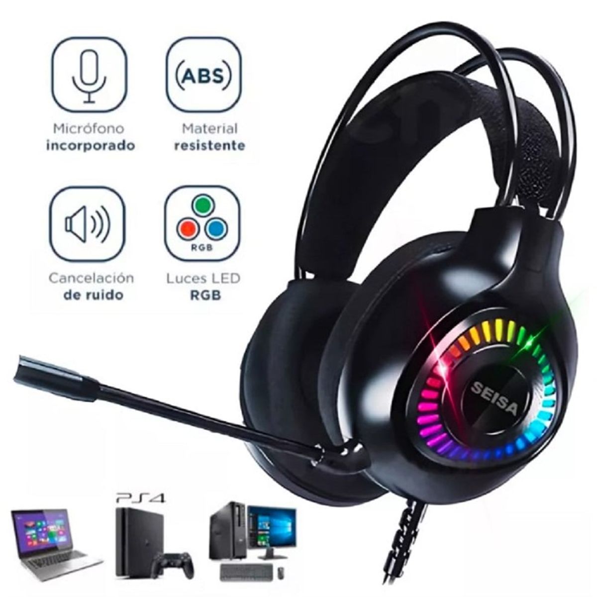 SEISA - Audífonos Gamer con Luz LED RGB Micrófono para PC PS4 Laptop