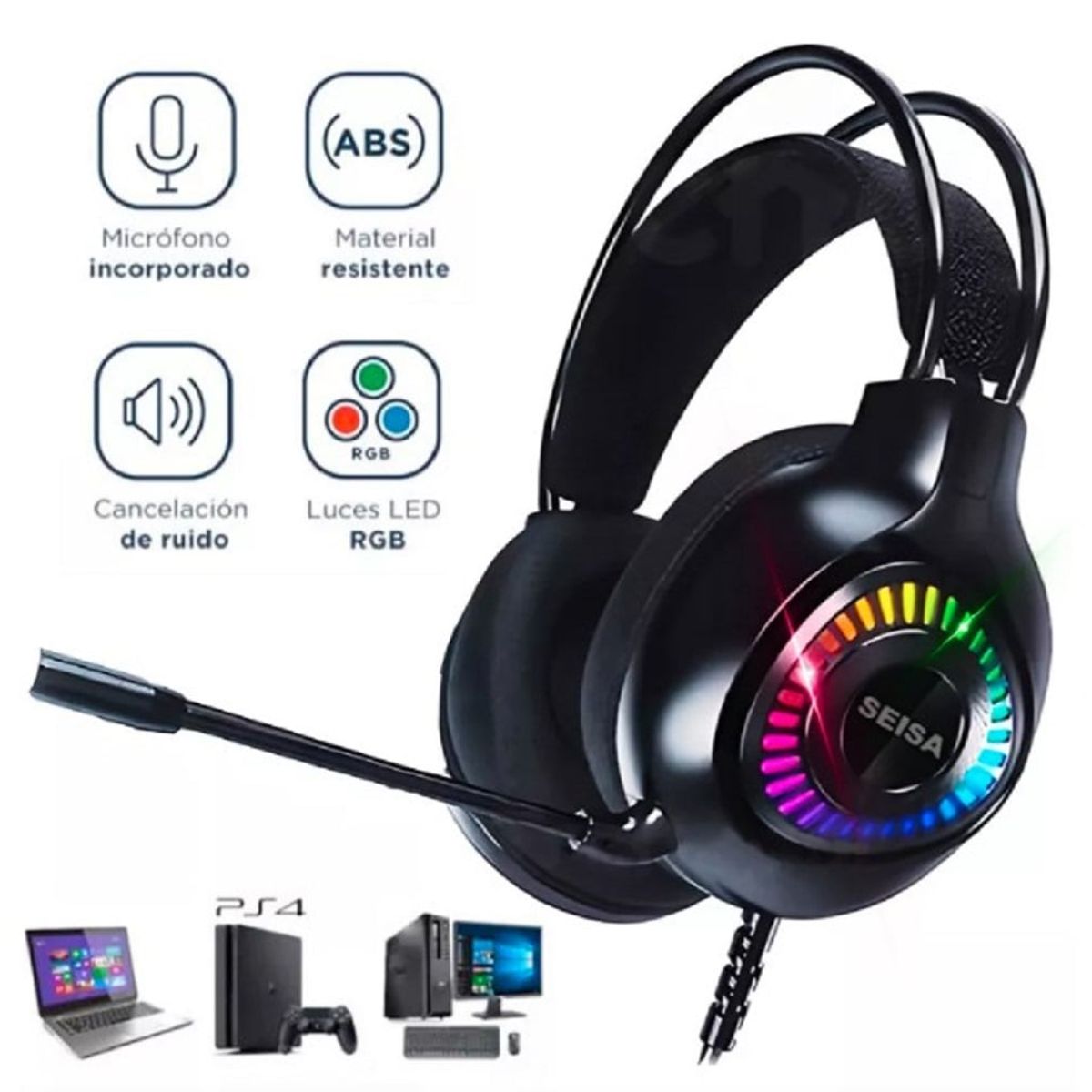 SEISA - Audífonos Gamer con Luz LED RGB Micrófono para PC PS4 Laptop