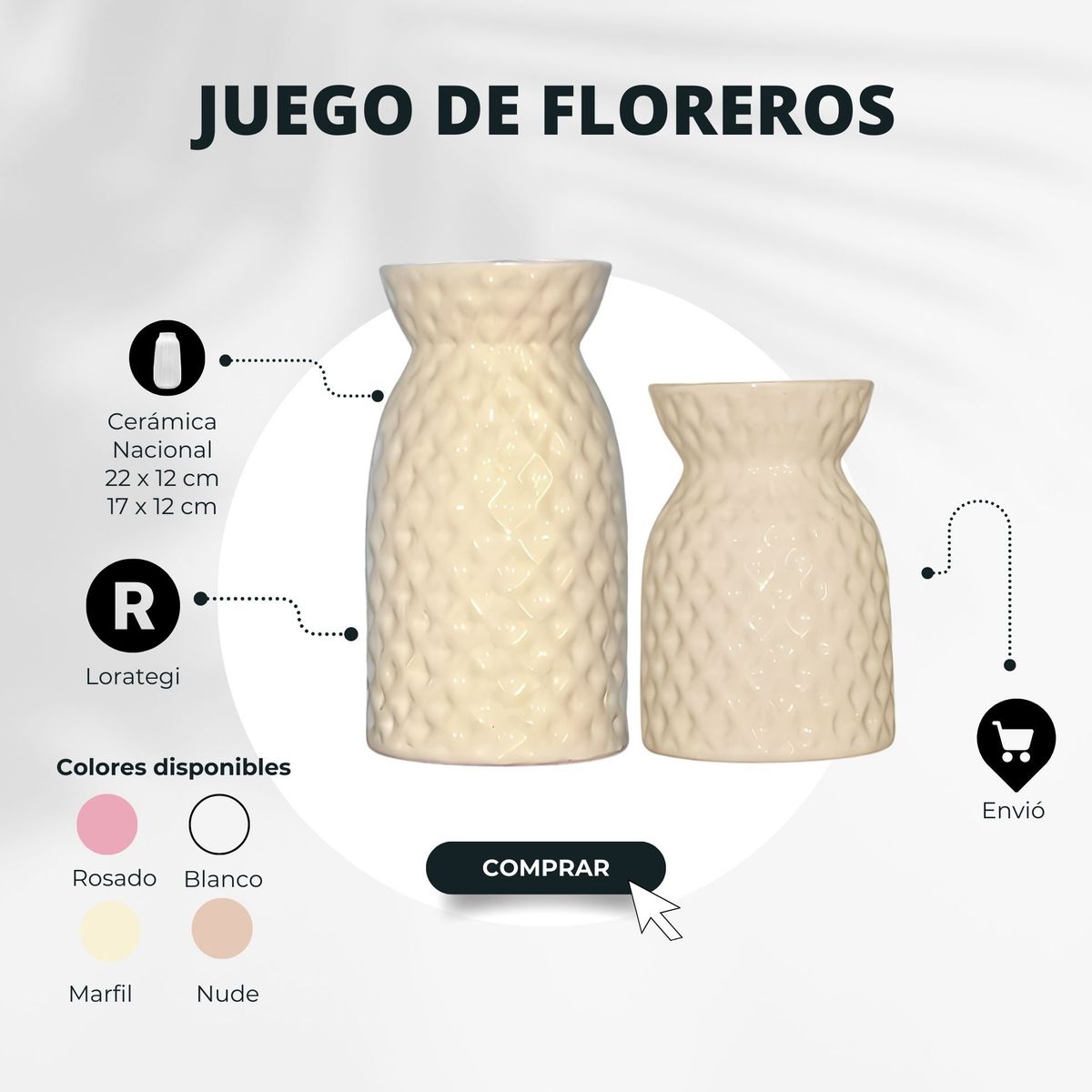 GENERICO - Juego 2 Floreros Jarrones Home de Cerámica Nacional 22 x 12 / 17 x 12