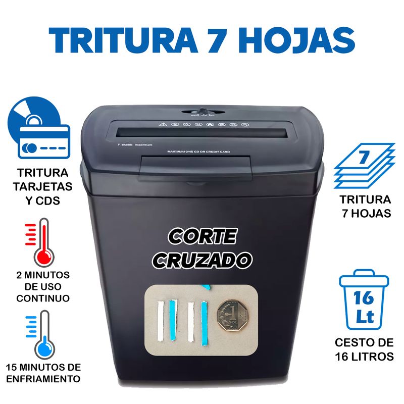 GENERICO - Trituradora de Papel 7 Hojas Corte Cruzado 16 Litros