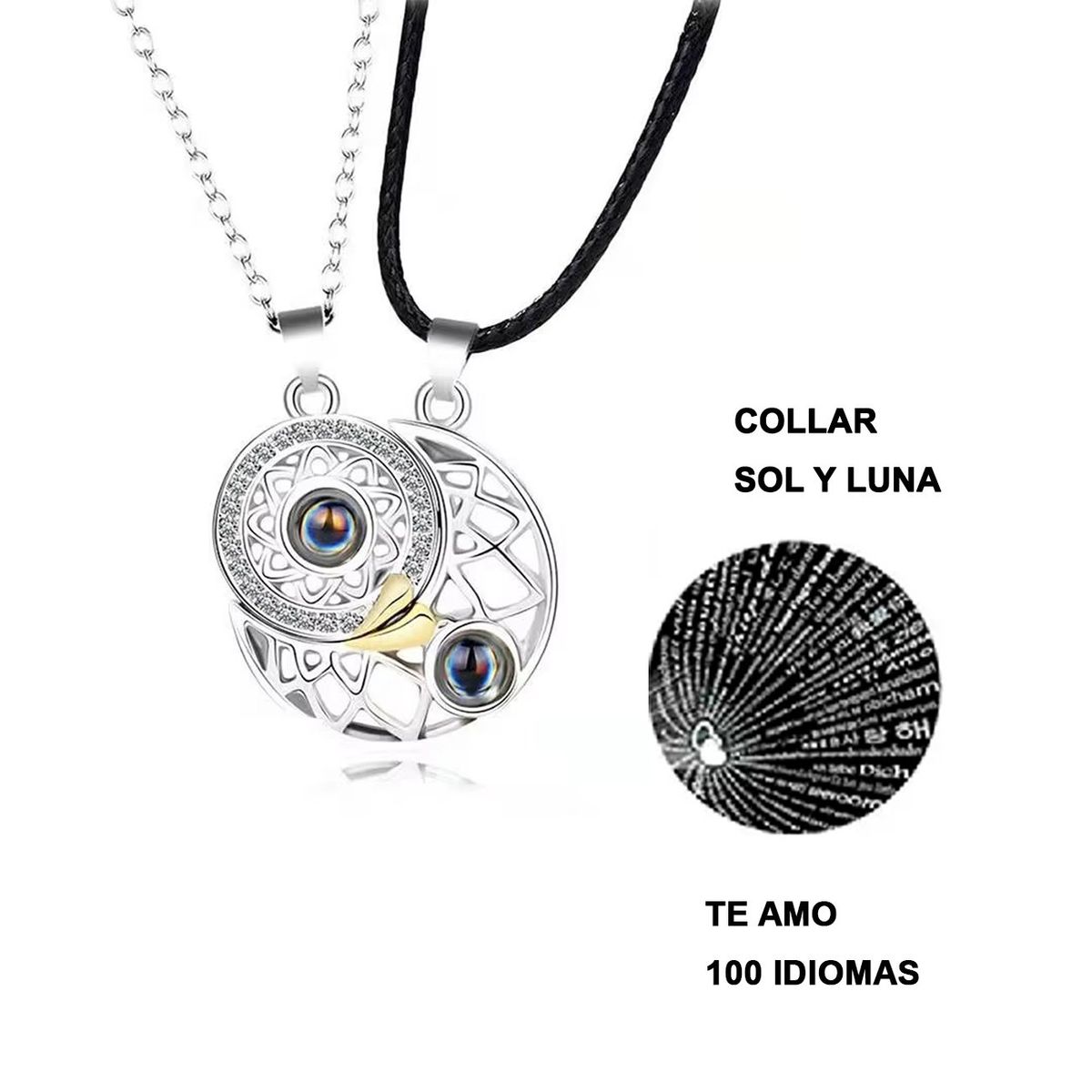 GENERICO - COLLAR MAGNÉTICO PACK 2 EN 1 SOL LUNA PLATEADO 100 IDIOMAS TE AMO