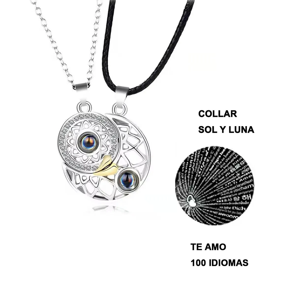 GENERICO - COLLAR MAGNÉTICO PACK 2 EN 1 SOL LUNA PLATEADO 100 IDIOMAS TE AMO