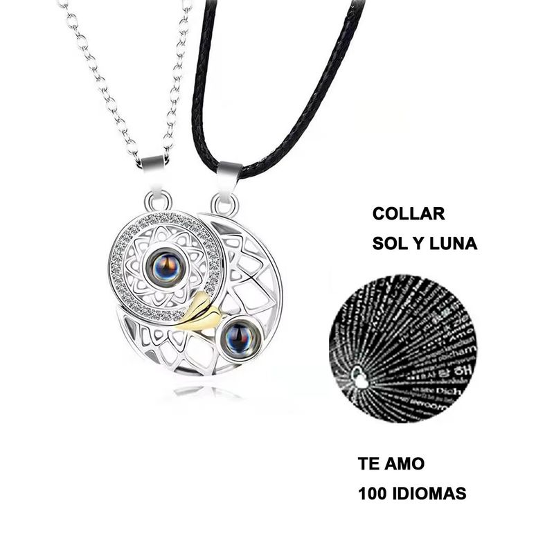 GENERICO - COLLAR MAGNÉTICO PACK 2 EN 1 SOL LUNA PLATEADO 100 IDIOMAS TE AMO