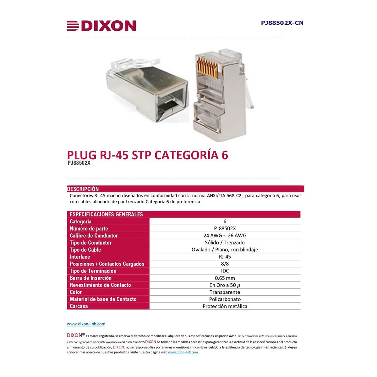 DIXON - Caja 100 Conectores Rj45 Dixon para Utp Cat.6 Apantallados Cumple RoHs
