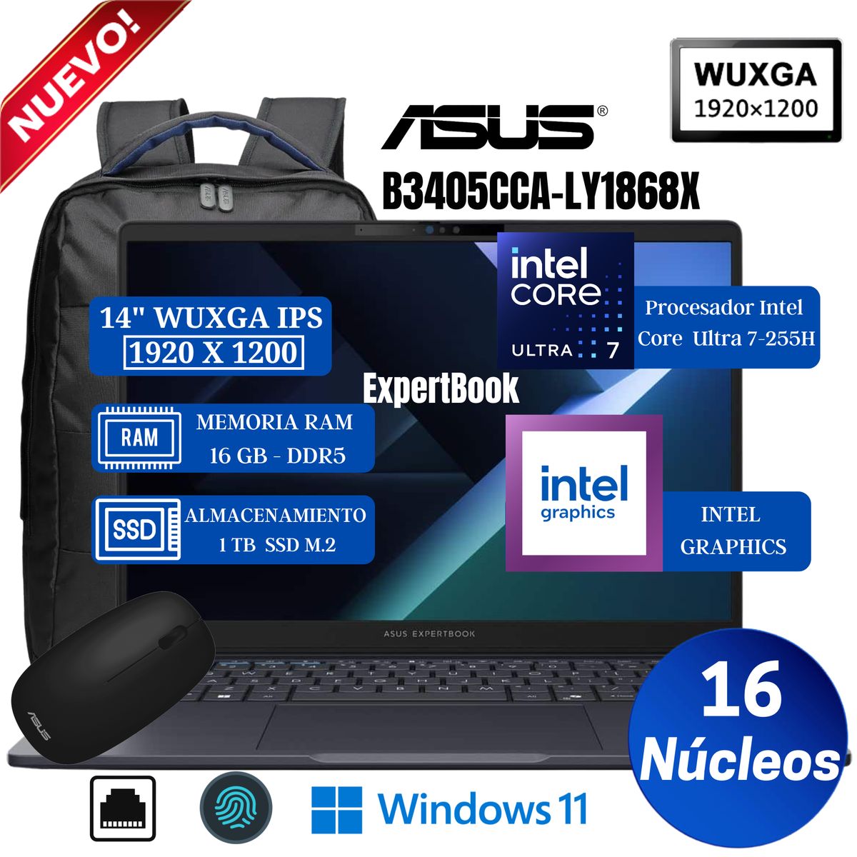 ASUS - Laptop Asus ExpertBook B3405CCA-LY1868X 14" WUXGA IPS, Core Ultra 7-255H, Ram 16GB, Ssd 1 TB, Win 11