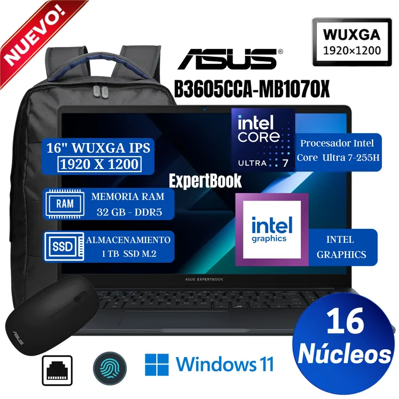 ASUS - Laptop Asus ExpertBook B3605CCA-MB1071X 16" WUXGA IPS, Core Ultra 7-255H, Ram 32GB, Ssd 1 TB, Win 11