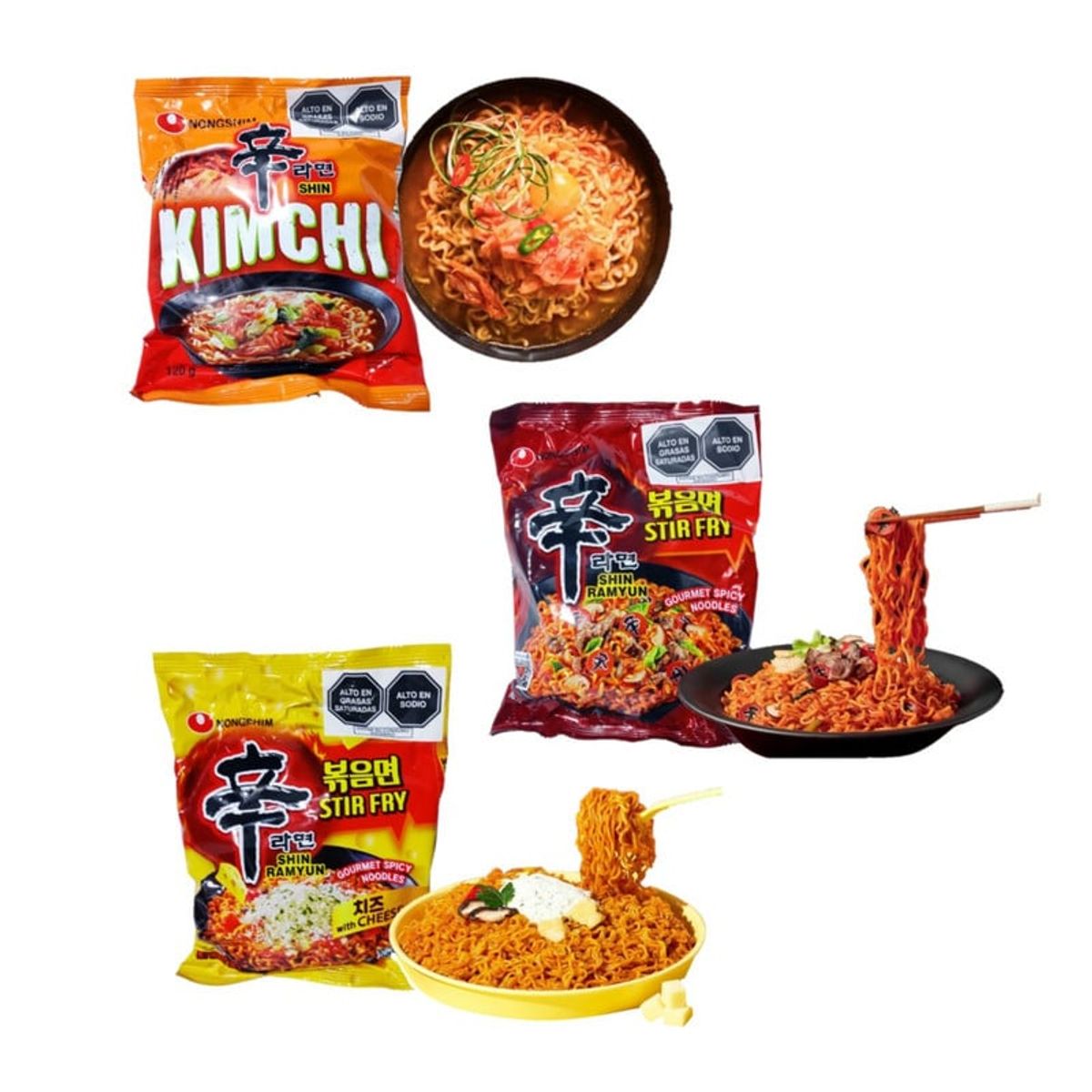 GENERICO - Pack Fideos Ramen Ramyun 3u Shin Kimchi Queso y Picante