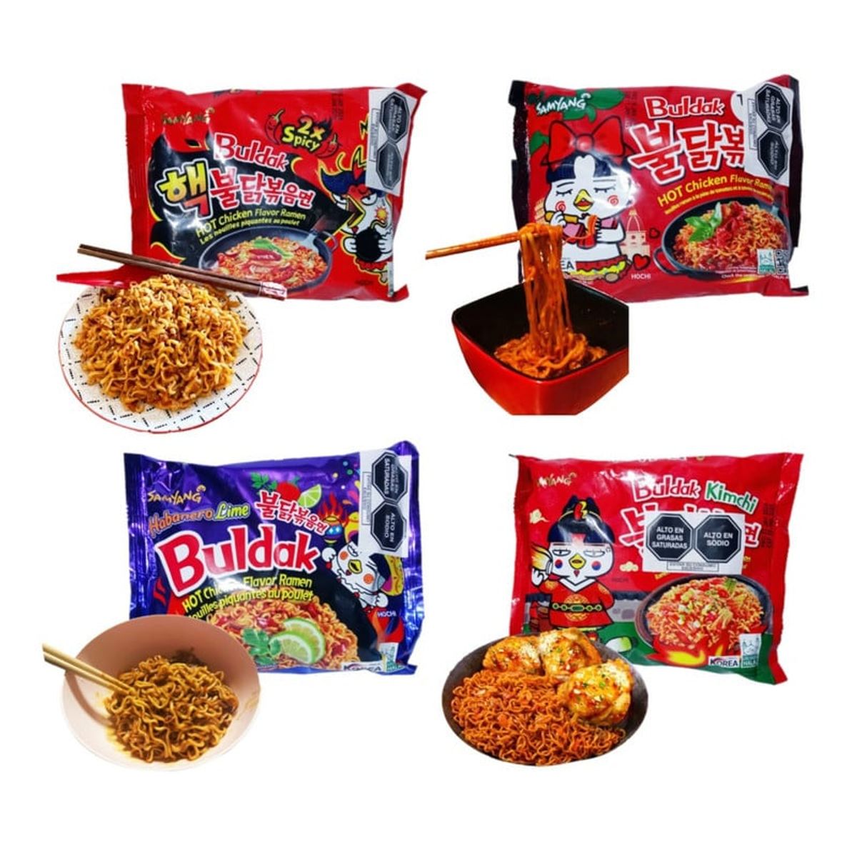 GENERICO - Pack Fideos Ramen Buldak 4u Kimchi Salsa Tomate y Picante