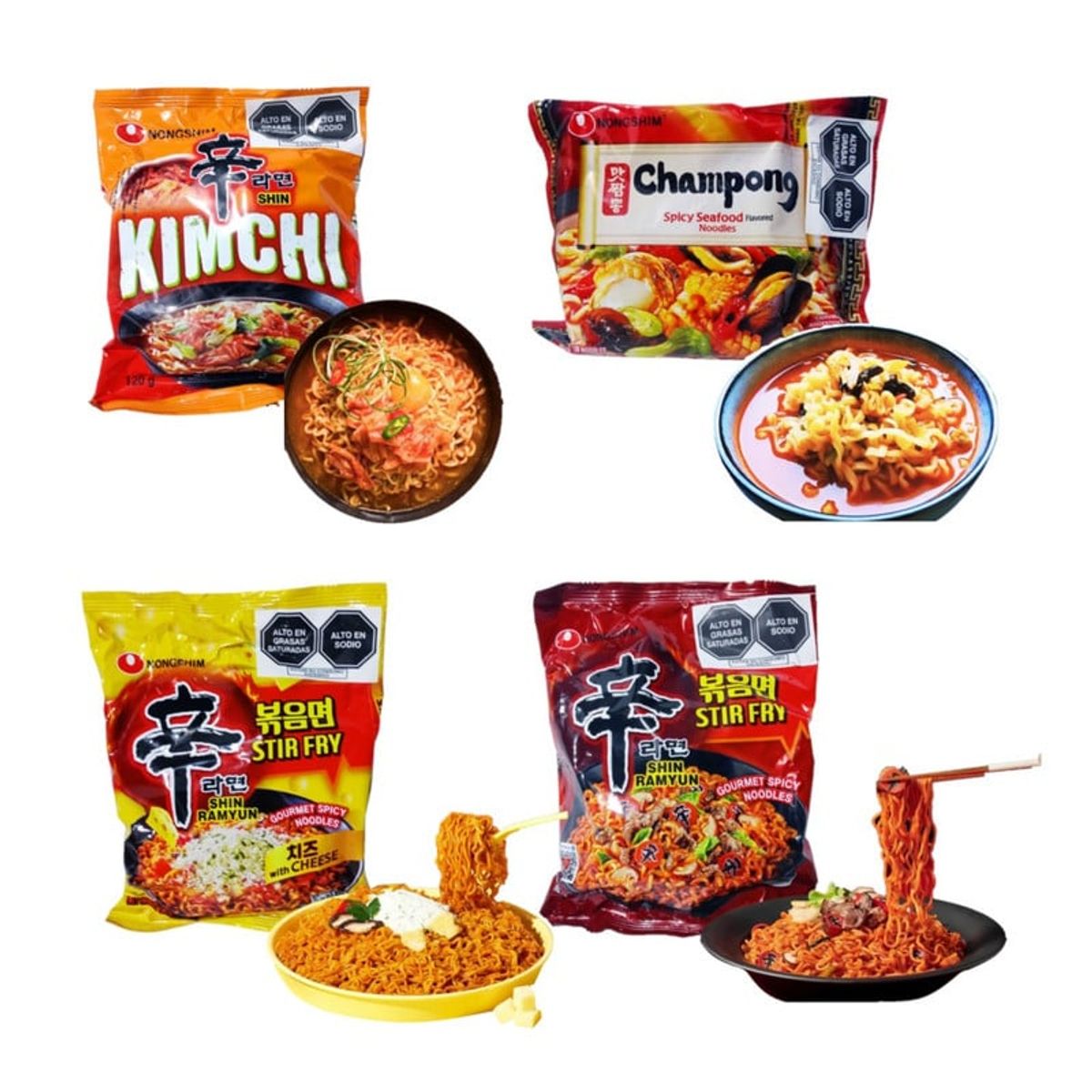 GENERICO - Pack Fideos Ramen Nong Shim 4u Kimchi Queso Picante Mariscos