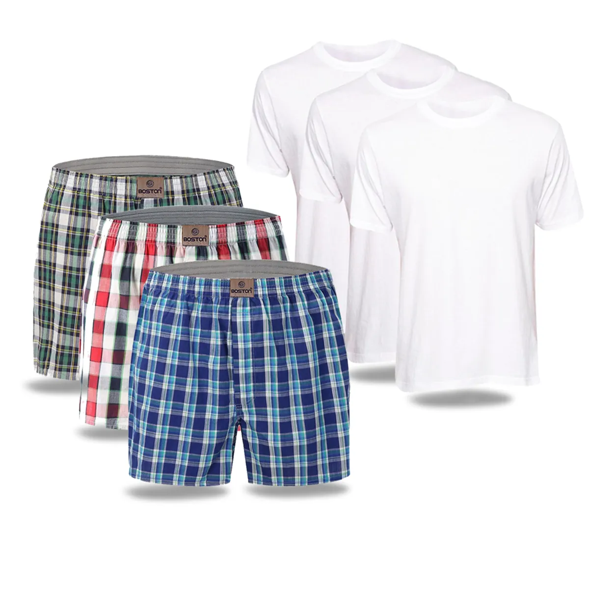 BOSTON - Pack x3 bóxer cuadros + x3 polo cuello redondo blanco Boston
