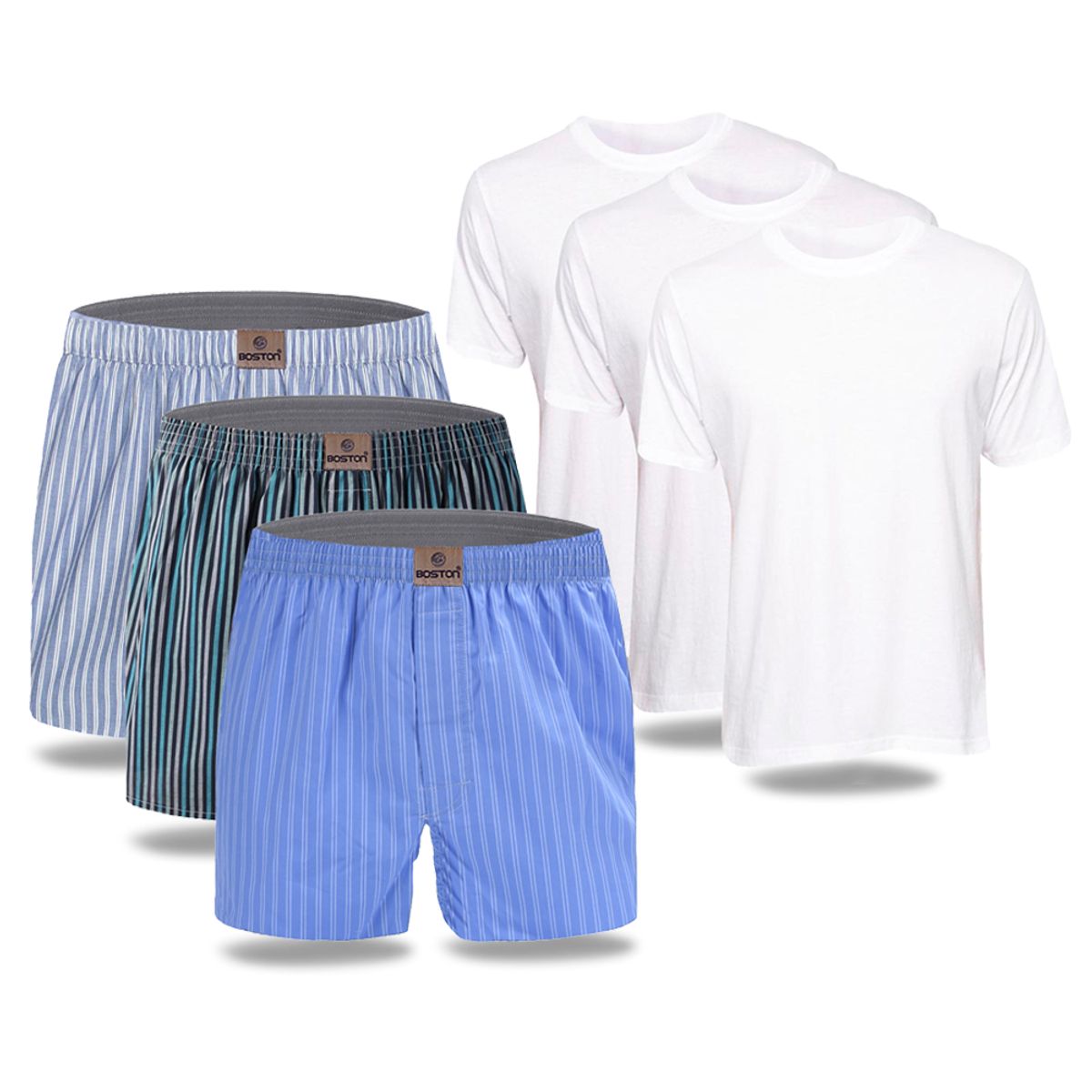 BOSTON - Pack x3 bóxer lineas + x3 polo cuello redondo blanco Boston