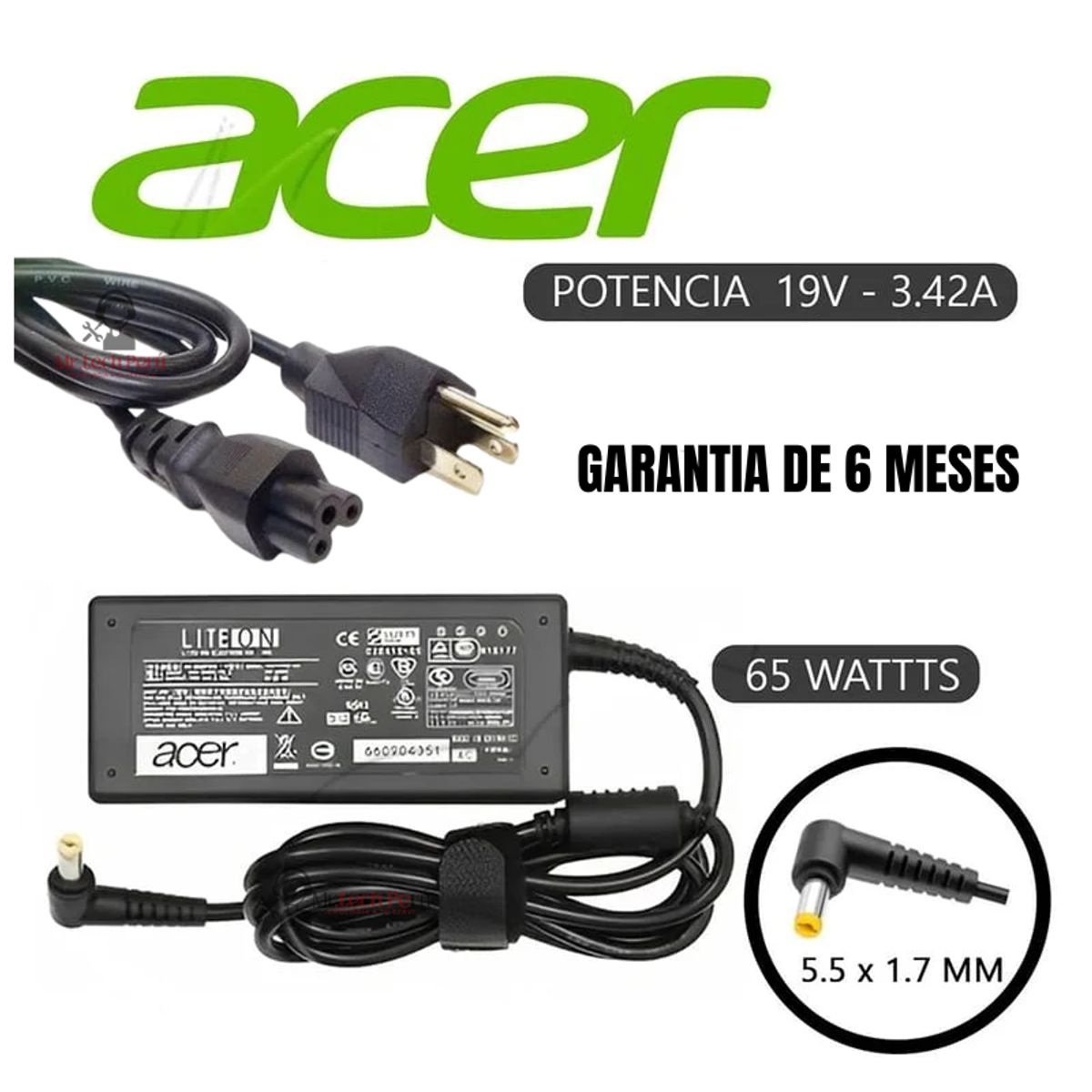 GENERICO - CARGADOR PARA LAPTOP ACER 19V 342A 55 17MM COMPATIBLE PUNTA AMARILLA