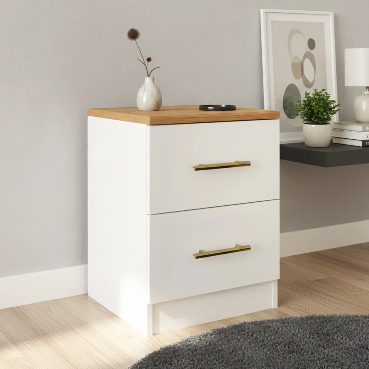 GENERICO - Velador Mesa de Noche Harmony 2 Cajones Blanco y Duna Huk