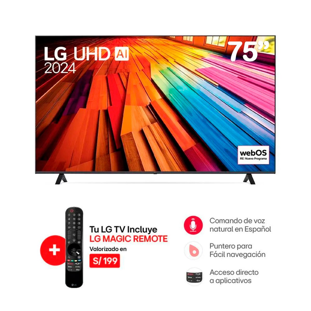 LG - Televisor LG 75 UHD 4K Smart AI ThinQ 75UT8050PSB Magic Remoto Nuevo Modelo - Negro