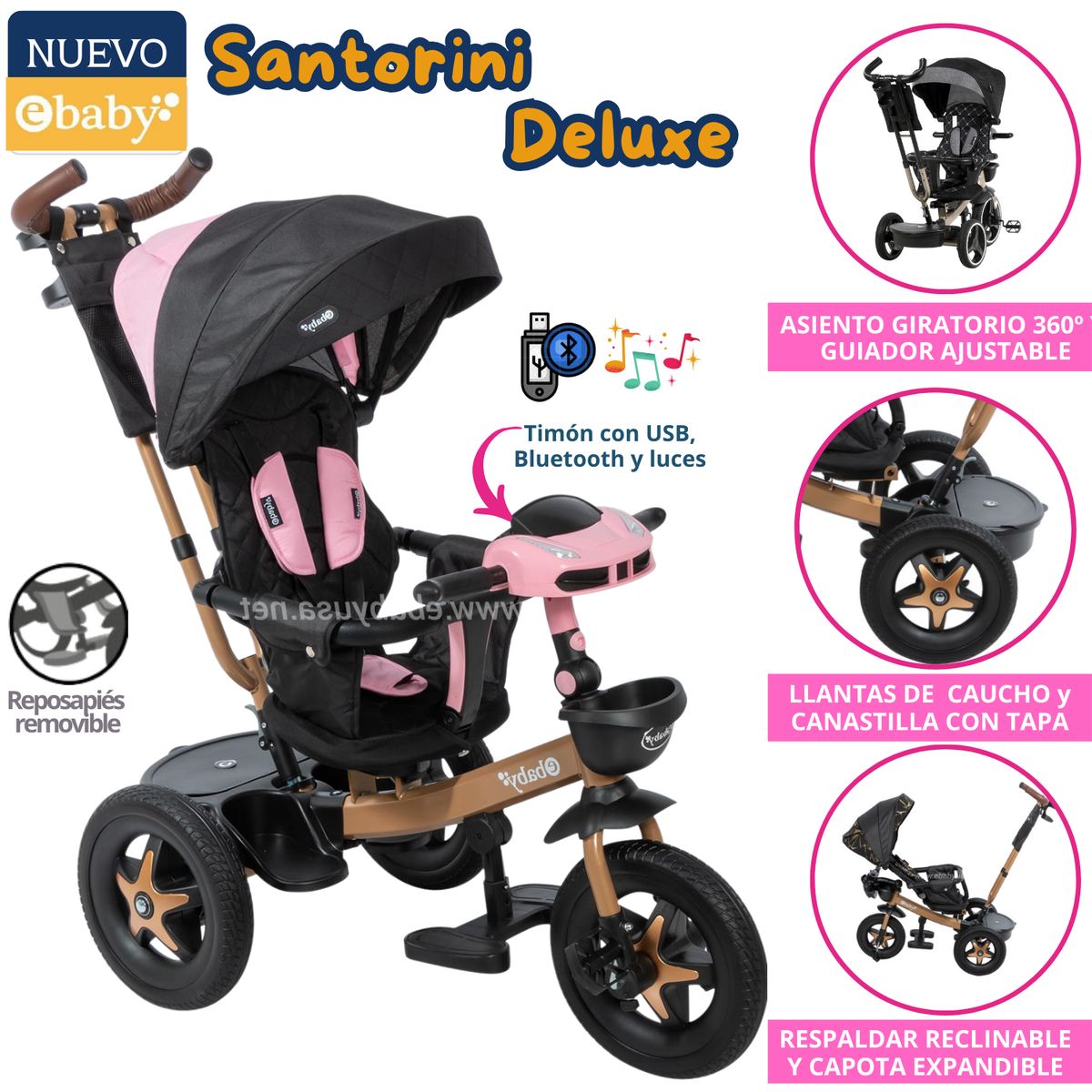 EBABY - Triciclo para niños Musical Guiador Santorini Rosado
