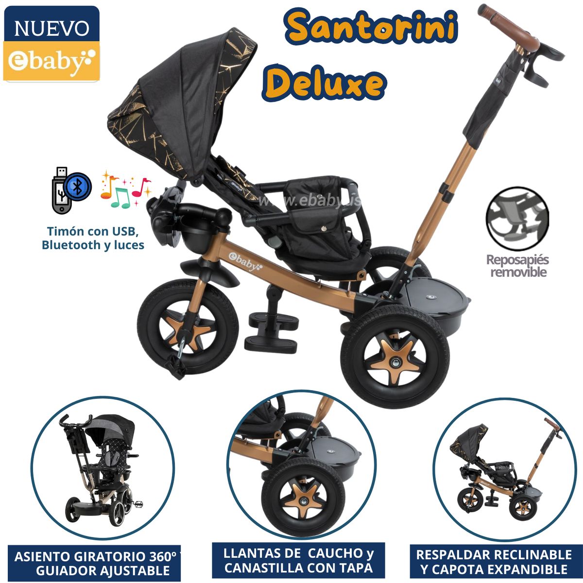 EBABY - Triciclo para niños Musical Guiador Santorini Negro