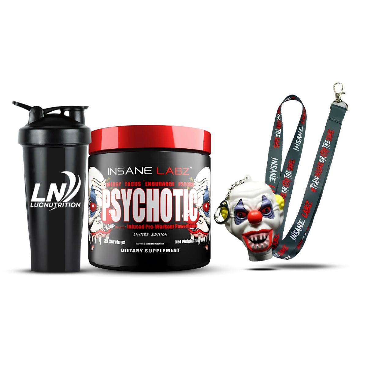 INSANE LABZ - Psychotic Red 35 servicios - Watermelon + Shaker + Portaproteina Insane Labz + Lanyard Insane Labz