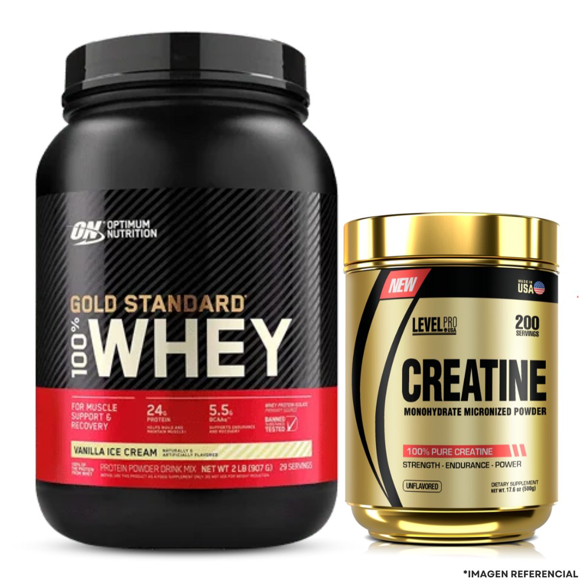 OPTIMUM NUTRITION - Proteína Gold Standard Whey 2 LB Vainilla + Creatina Level pro 500g