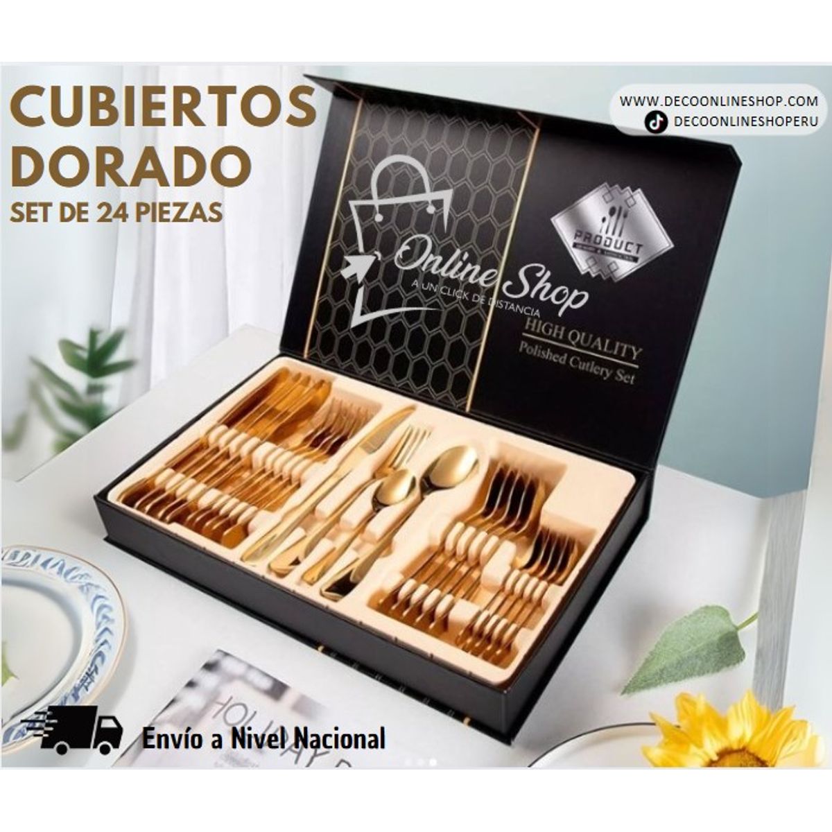 GENERICO - Juego cubiertos dorados de lujo en acero inoxidable 24 piezas