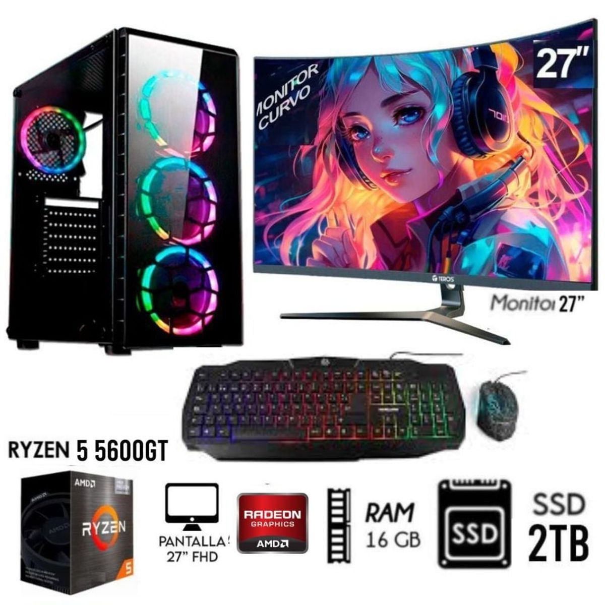 RYZEN - Computadora PC GAMER RYZEN 5 5600GT RAM 16GB DISCO SOLIDO SSD 2TB  MONITOR 27"