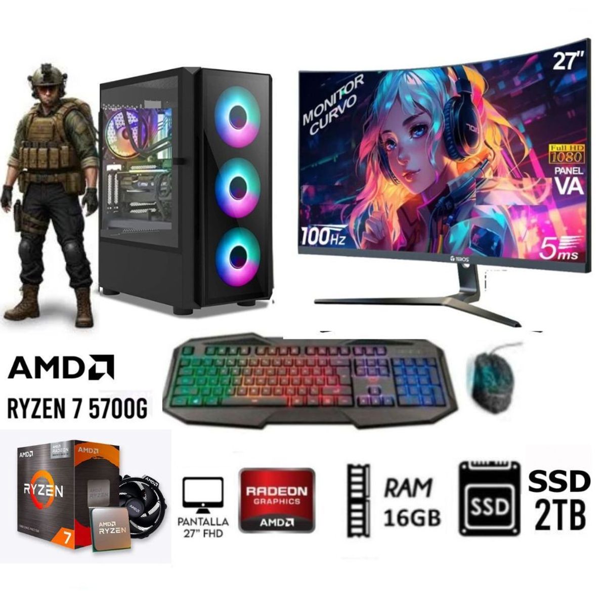 RYZEN - Computadora PC GAMER RYZEN 7-5700G RAM 16GB  DISCO SOLIDO SSD 2TB MONITOR 27”