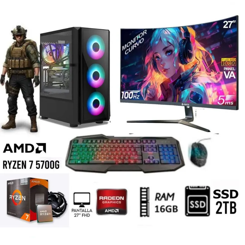 RYZEN - Computadora PC GAMER RYZEN 7-5700G RAM 16GB  DISCO SOLIDO SSD 2TB MONITOR 27”