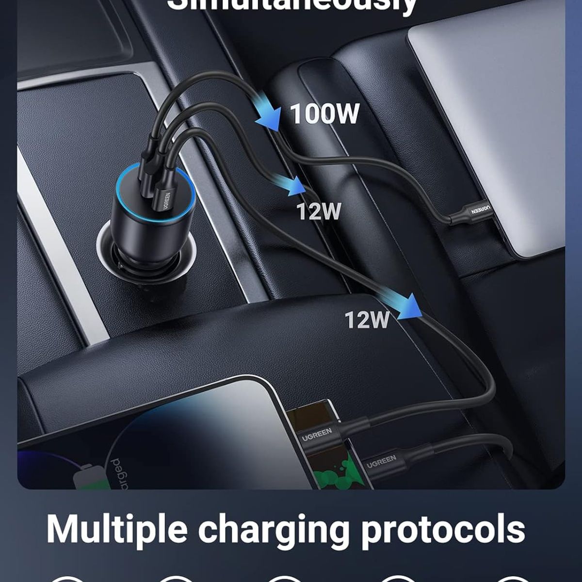 UGREEN - Cargador De Coche Ugreen 130W 3 Puertos 2C+1USB - NEGRO