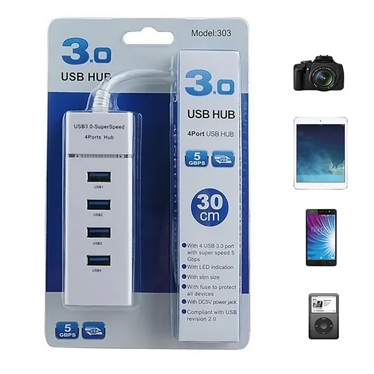 GENERICO - Hub 4 puertos para 4 dispositivos USB 3.0 de alta velocidad - Blanco