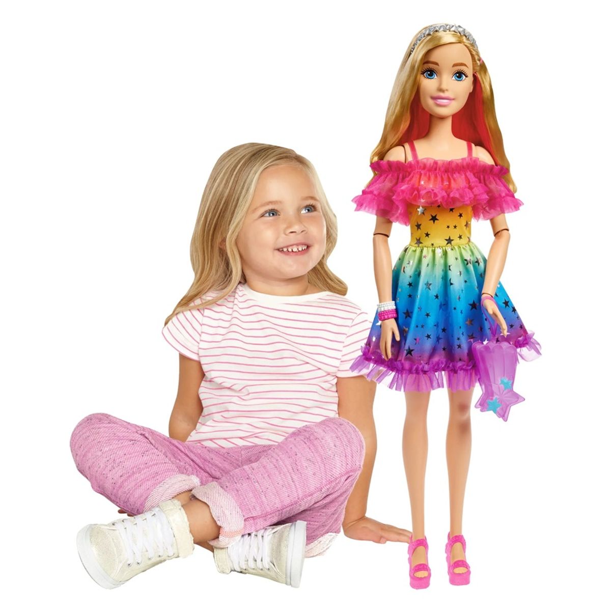 BARBIE - Barbie Rubia Arcoiris Articulada Gigante de 71 cm