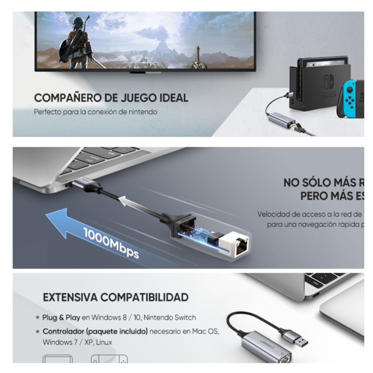 UGREEN - Adaptador UGREEN USB 30 a Ethernet RJ45 Laptop Nintendo Switch Windows