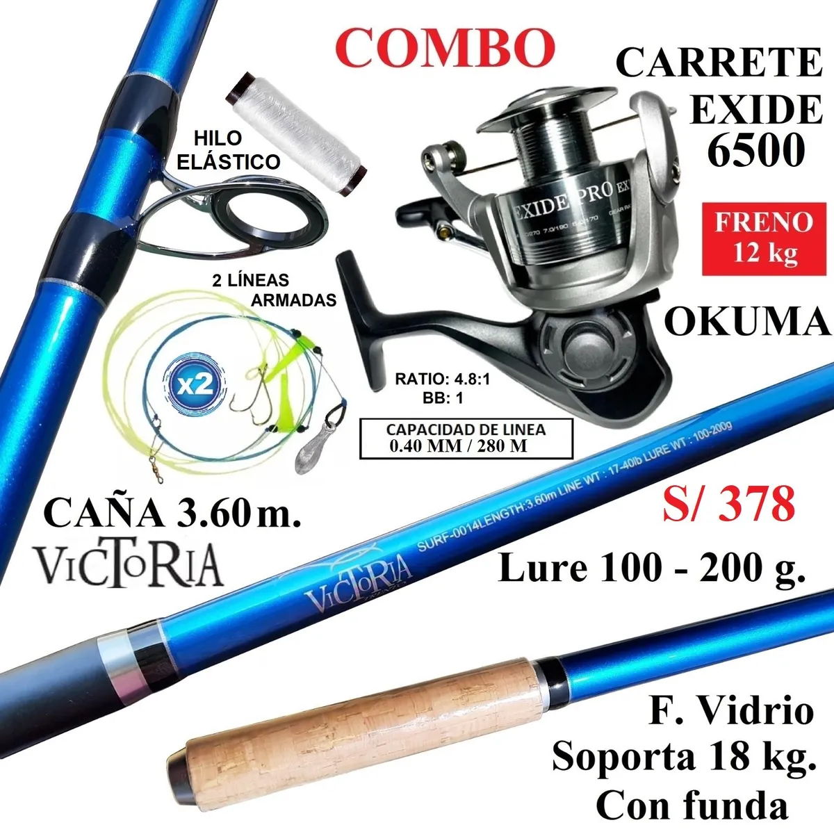 GENERICO - EQUIPO DE PESCA SURFCASTING CAÑA 3.60 M CARRETE 6500 OKUMA