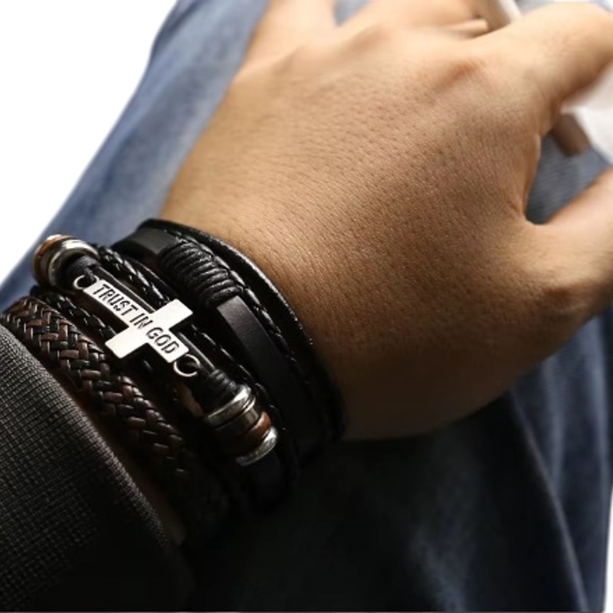 GENERICO - Pulsera Brazalete de cuero Multicapa Trust in God