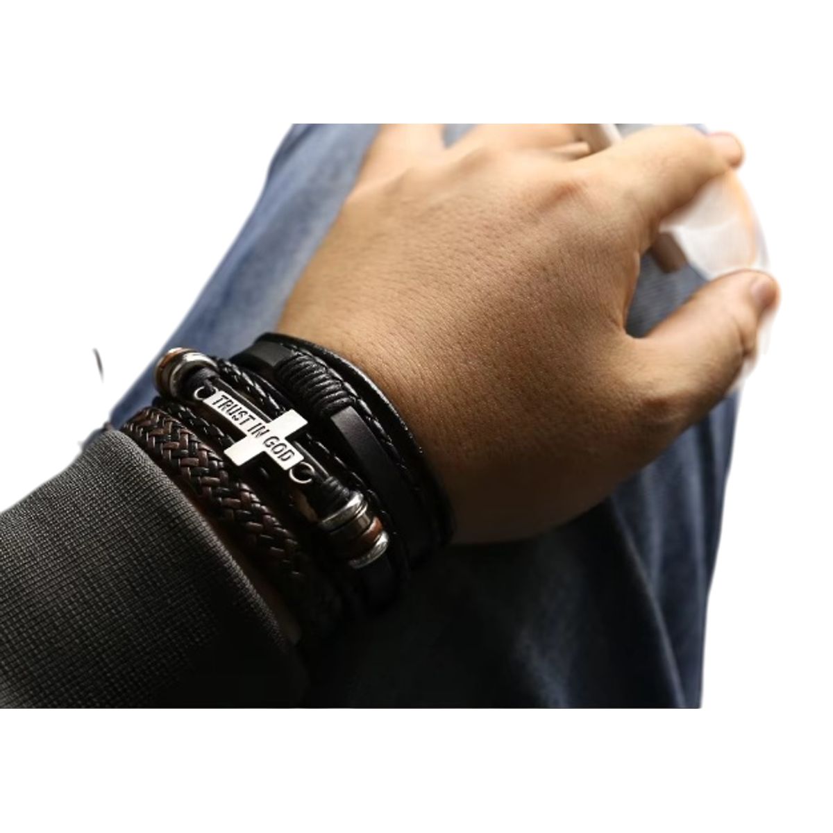GENERICO - Pulsera Brazalete de cuero Multicapa Trust in God