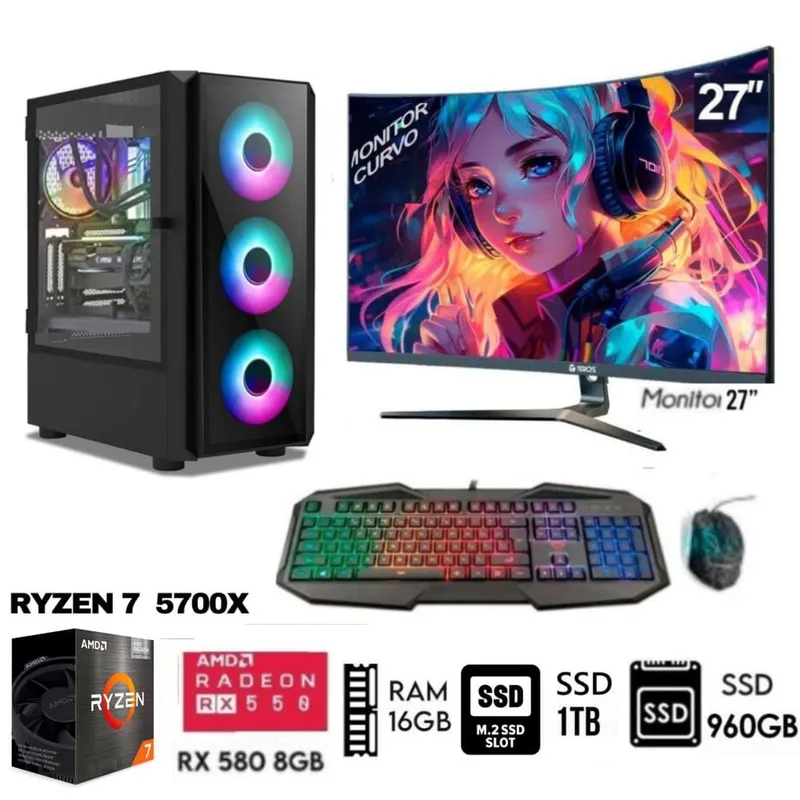 RYZEN - Computadora PC Gamer RYZEN 7 5700X  Ram32GB SSD-M2 1TB+SSD 960GB RX 580 8GB M27