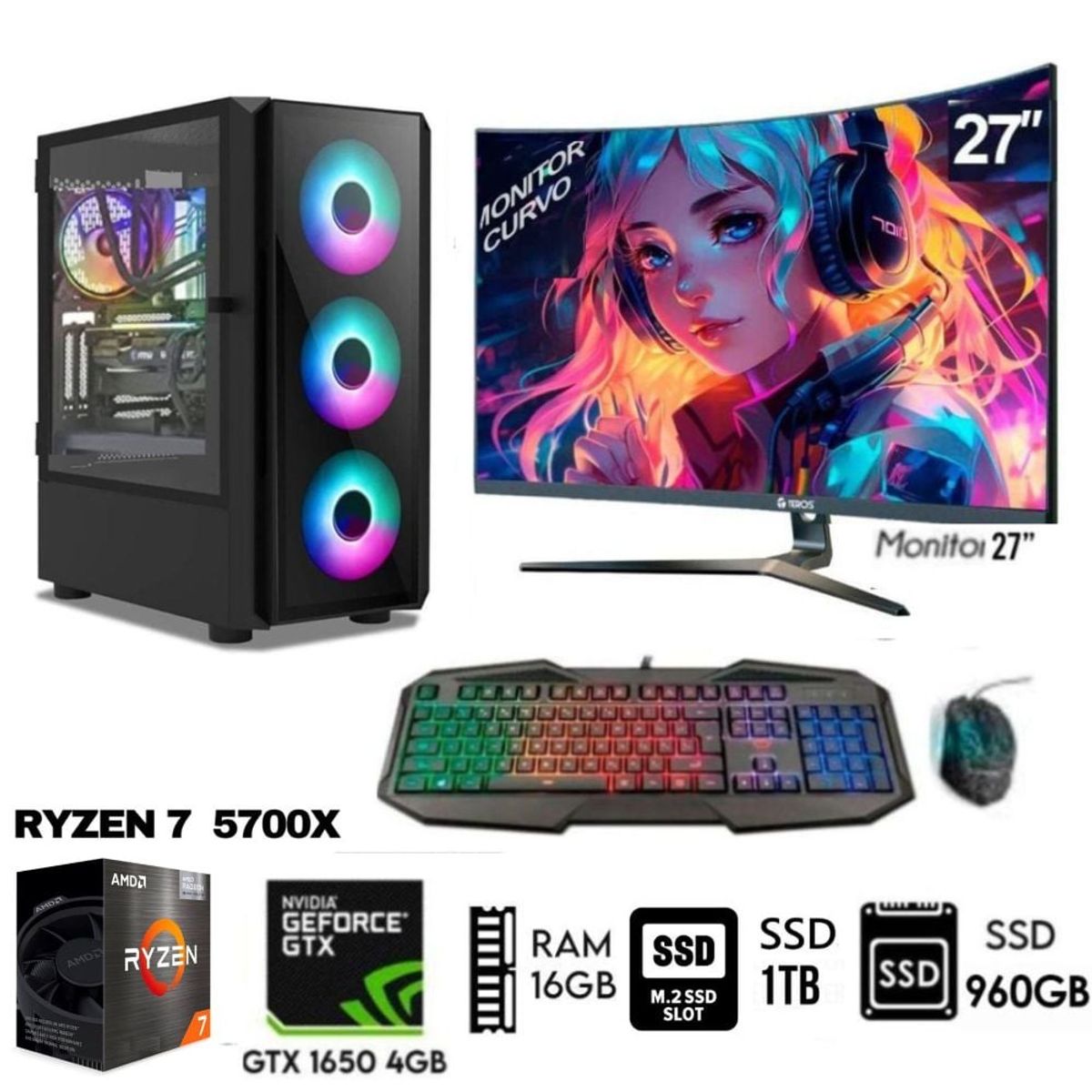 RYZEN - Computadora PC GAMER RYZEN 7 5700X Ram16GB SSD M2 1TB+SSD960GB VIDEO GTX1650 4GB