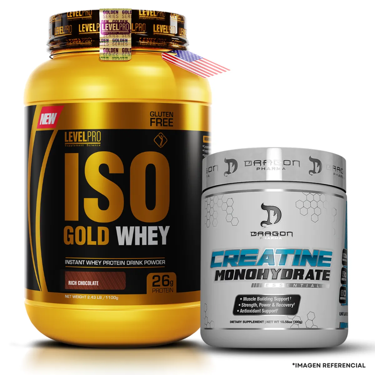 LEVEL PRO - Iso Gold Whey 1.1 kg Rich chocolate + Creatina Dragon Pharma 300 g