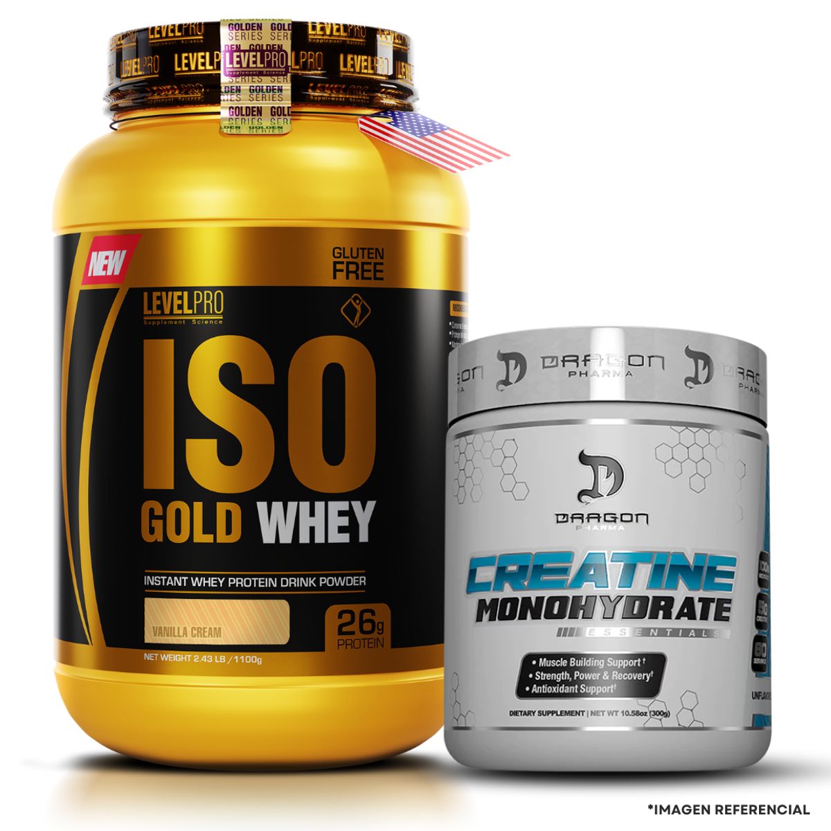 LEVEL PRO - Iso Gold Whey 1.1 kg vainilla + Creatina Dragon Pharma 300 g