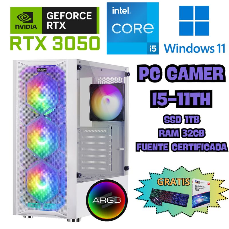 INTEL - PC GAMER COMPUTADORA RGB INTEL I5-11400F RTX3050 SSD 1TB + RAM32GB